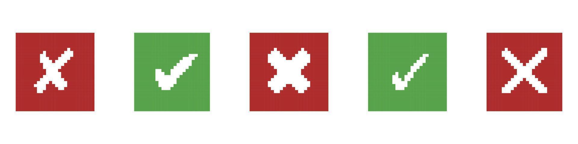 Pixelated Green Check Marks and Red X icons Set in Squares. Approval and Error Sign Collection for Retro UI Design. Success and Failure Sign. Isolated Illustration vector