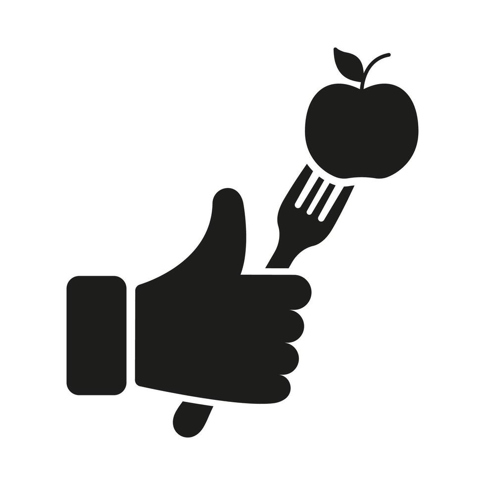Solid Icon Of Thumbs Up With Fork And Apple, Approval Of Healthy Food And Diet. Health, Fitness, Nutrition And Wellness. Isolated Illustration vector