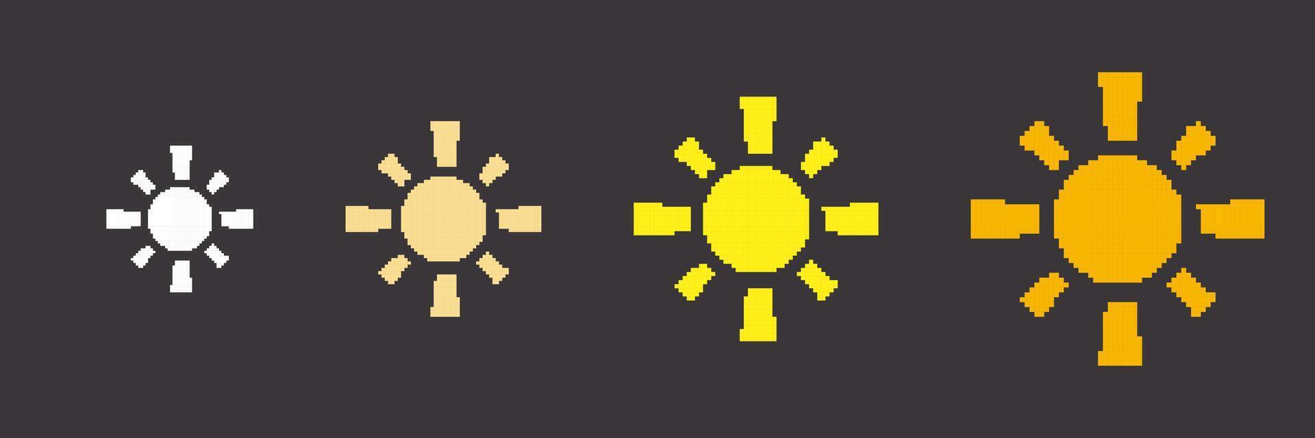 Sun Icons in Pixel Art Style. Various Sun Shapes and Gradient Colors in Retro Pixelated Format. Nostalgic Design. Isolated Illustration vector