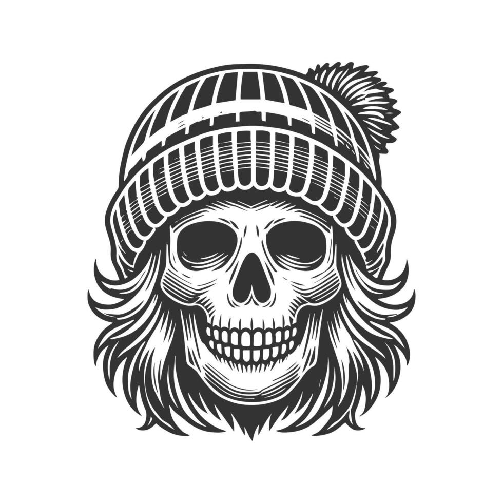 Skull with beanie hat and long hair vector