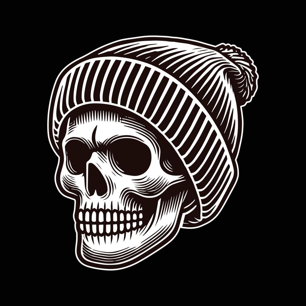 Skull Head With Beanie Hat Design Illustration. vector