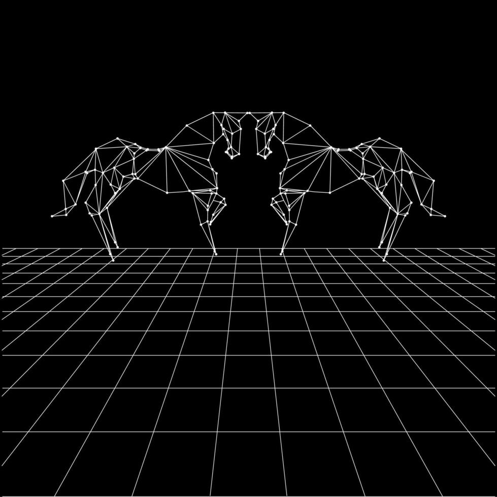 Horse polygonal lines on the Synthwave vaporwave, perspective grids, wireframe landscape background, laser grid in deep space. Pair Horse vector