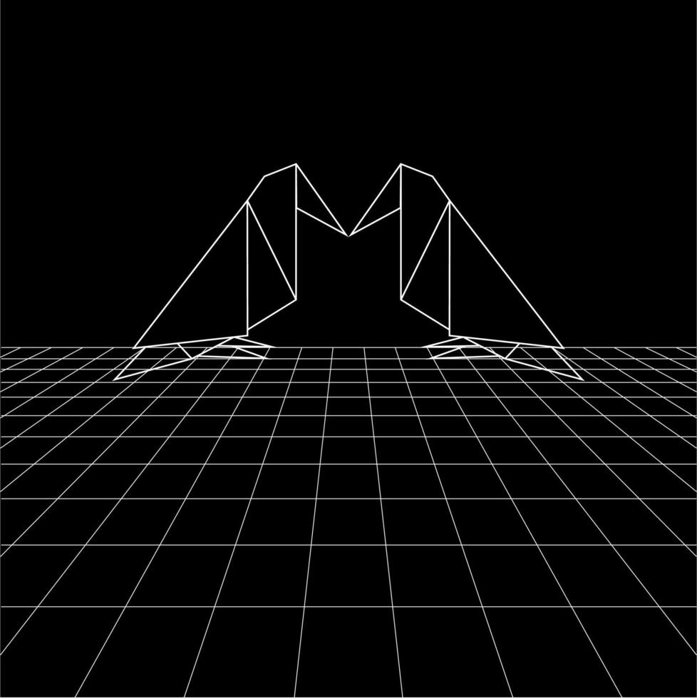 Bird polygonal lines on the Synthwave vaporwave, perspective grids, wireframe landscape background, laser grid in deep space, pair vector
