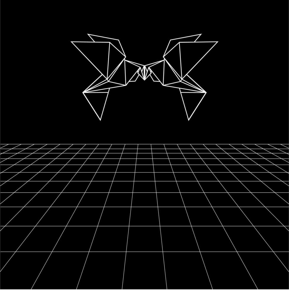 Bird polygonal lines on the Synthwave vaporwave, perspective grids, wireframe landscape background, laser grid in deep space. Pair bird vector