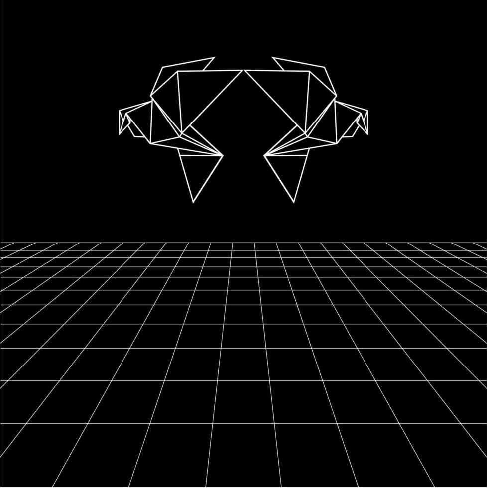 Bird polygonal lines on the Synthwave vaporwave, perspective grids, wireframe landscape background, laser grid in deep space. Fly Bird vector