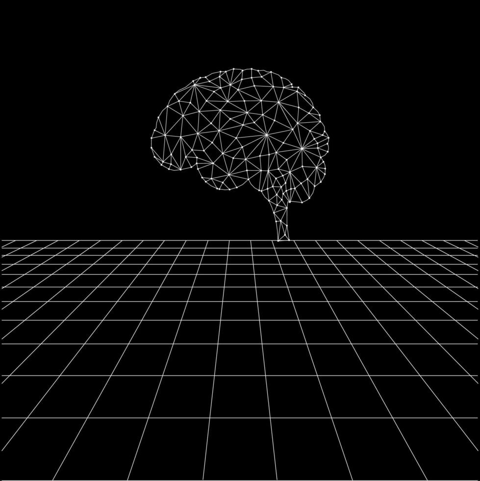 Brain polygonal lines on the Synthwave vaporwave, perspective grids, wireframe landscape background, laser grid in deep space. BW vector