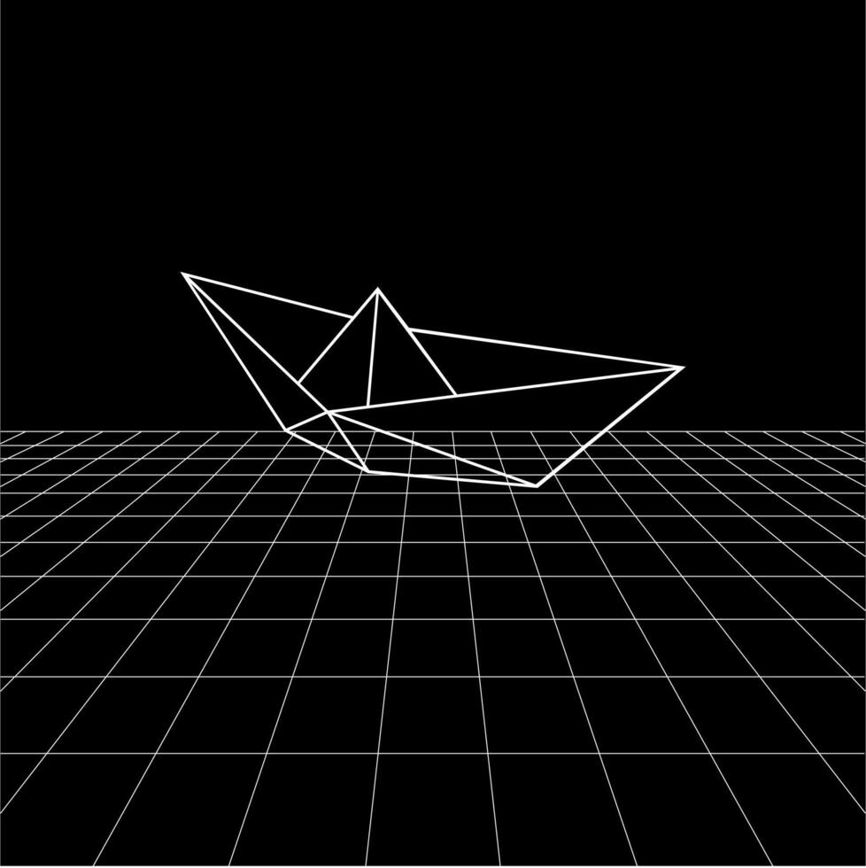 Boat polygonal lines on the Synthwave vaporwave, perspective grids, wireframe landscape background, laser grid in deep space. BW vector