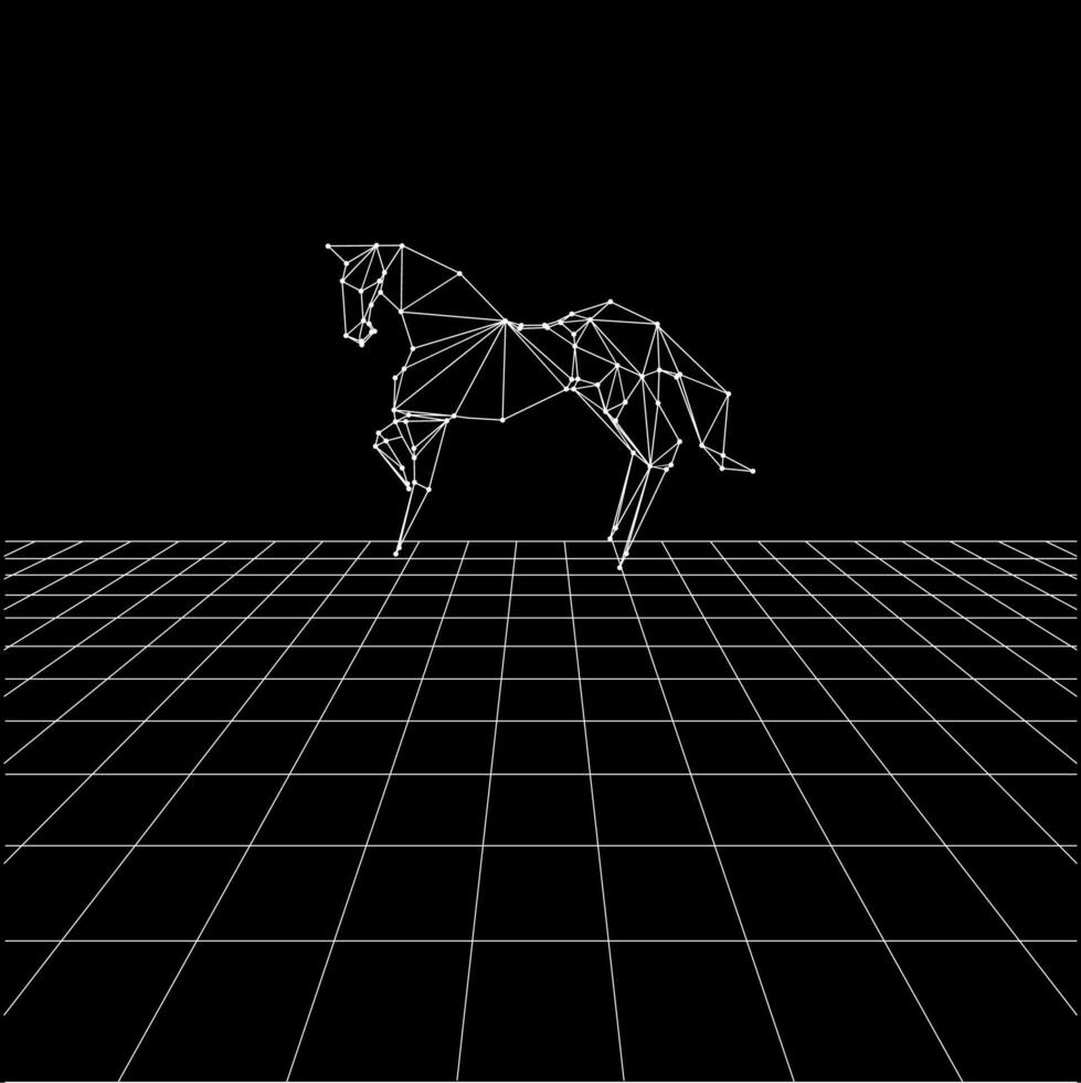 Horse polygonal lines on the Synthwave vaporwave, perspective grids, wireframe landscape background, laser grid in deep space. BW vector