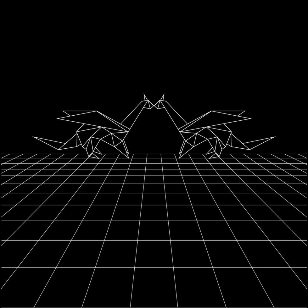 Dragon polygonal lines on the Synthwave vaporwave, perspective grids, wireframe landscape background, laser grid in deep space, pair vector