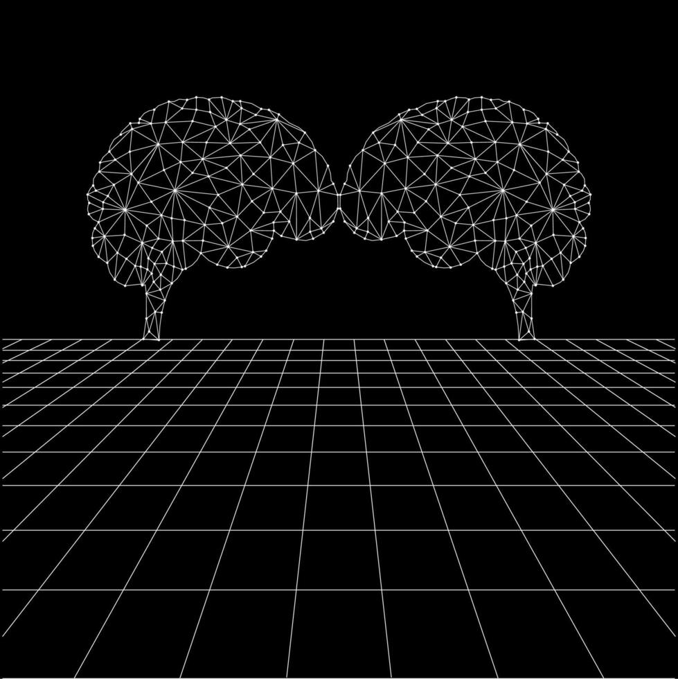 Brain polygonal lines on the Synthwave vaporwave, perspective grids, wireframe landscape background, laser grid in deep space. vector