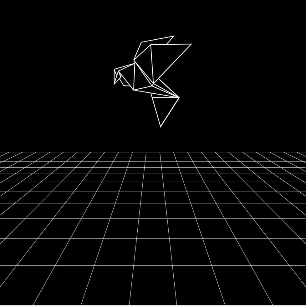 Bird polygonal lines on the Synthwave vaporwave, perspective grids, wireframe landscape background, laser grid in deep space. BW vector