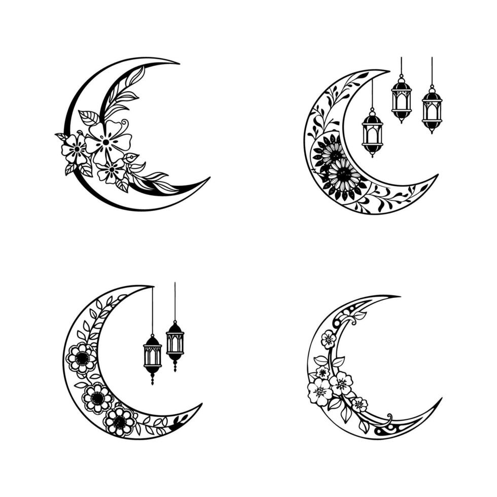 Elegant Black and White Hand Drawn Floral Crescent Moon Illustration Set vector
