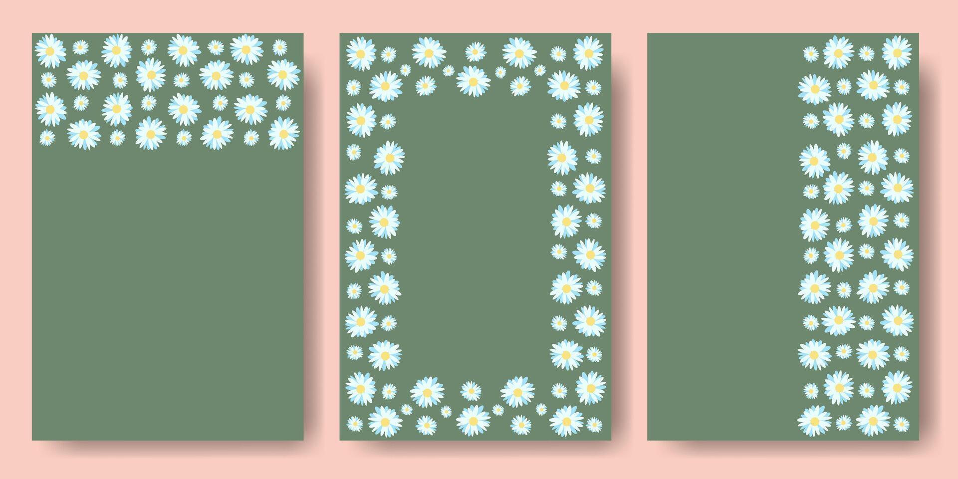 Set Spring Templates with Daisy in Flat Style on Green Background. Simple Design with Spring Flowers Daisy. Floral Print with White Flowers. Concept for Fashion Border, Banner, Poster, Sale, Web vector