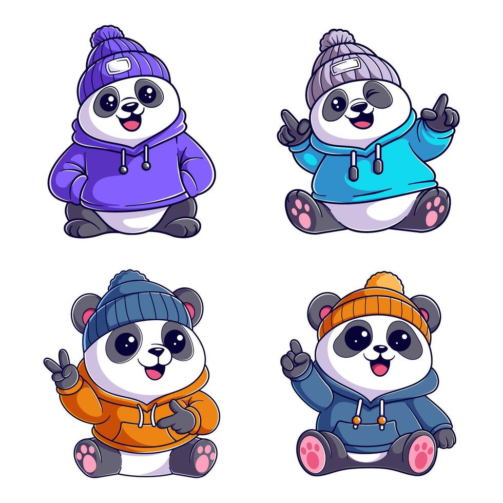 Panda wearing jacket and head warmer, package design vector