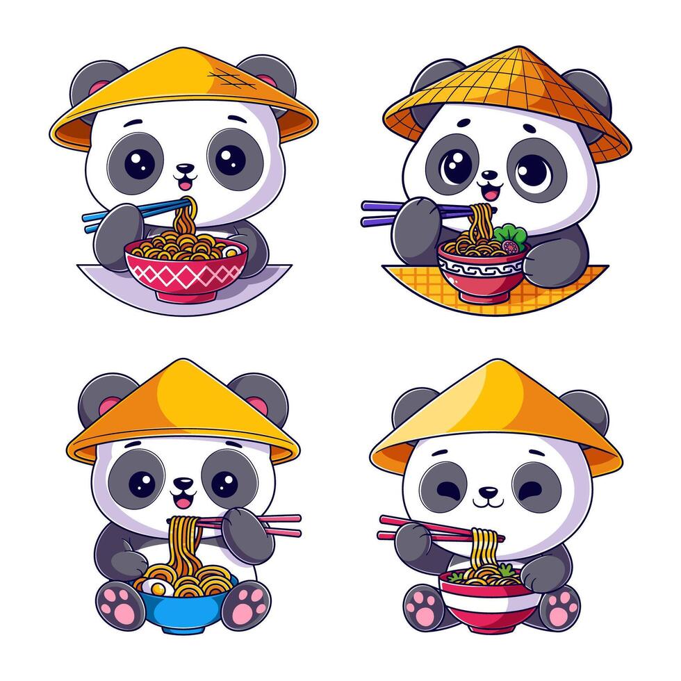 Panda eating ramen noodles, package design vector