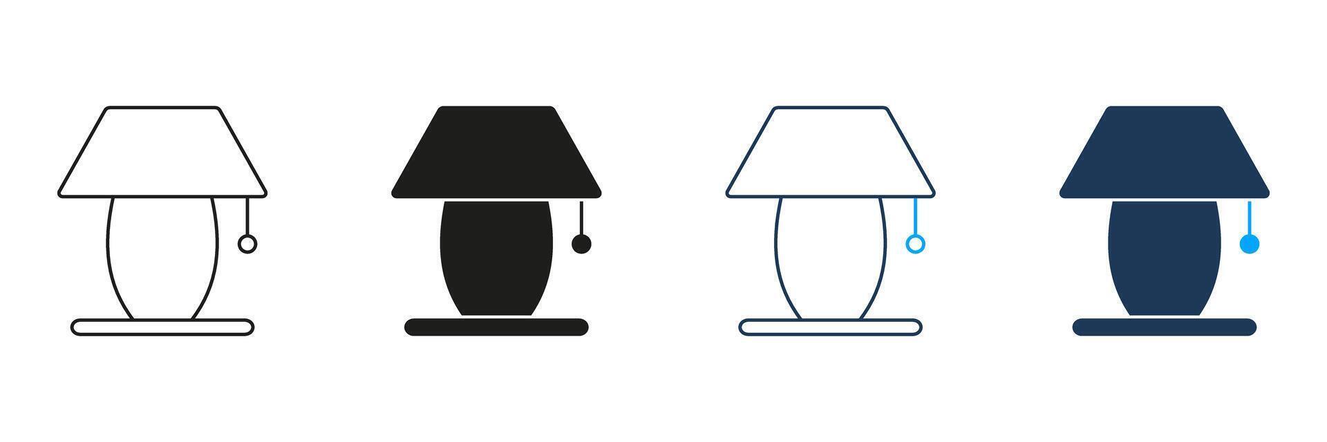 Table Lamp with Shade Line and Silhouette Icon Set. Bedside Lighting Symbol. Home Lighting with Switch. Editable Stroke. Isolated Illustration vector
