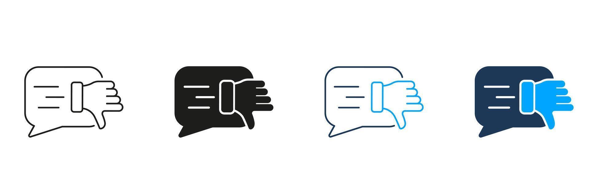 Negative Review, Bad Feedback Line and Silhouette Icon Set. Thumb Down With Speech Bubble. Disappointed Customer Pictogram. Dislike Symbol. Editable Stroke. Isolated Illustration vector