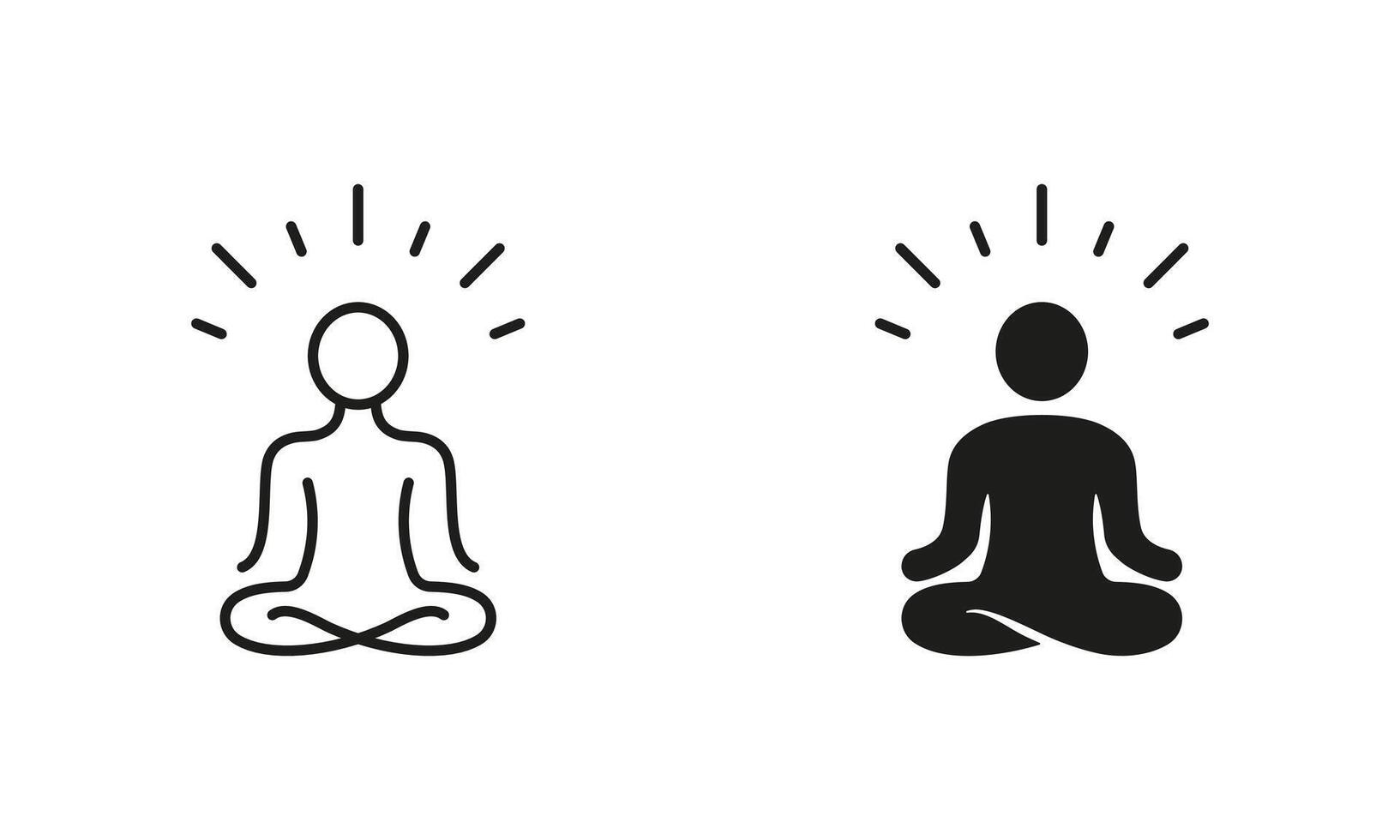 Yoga, Relax, Zen and Meditate Line and Silhouette Icon Set. Person Sit in Lotus Pose Pictogram. Wellness, Spiritual Body Exercise Symbol. Editable Stroke. Isolated Illustration vector