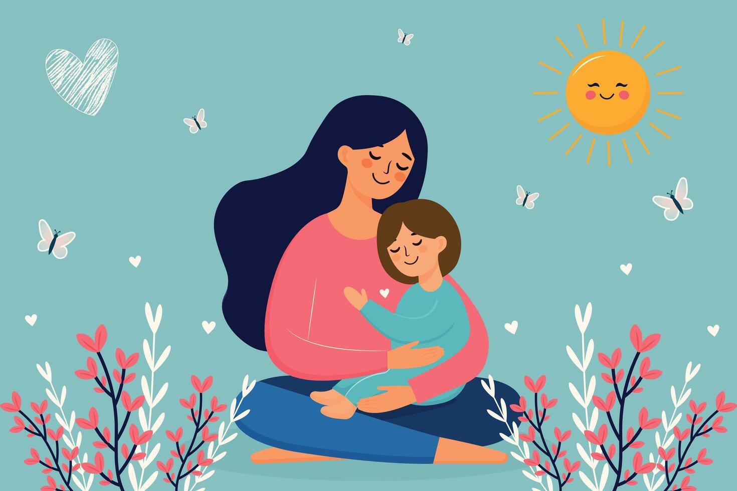 Mother and child cute hand drawn illustration with flowers and butterflies vector