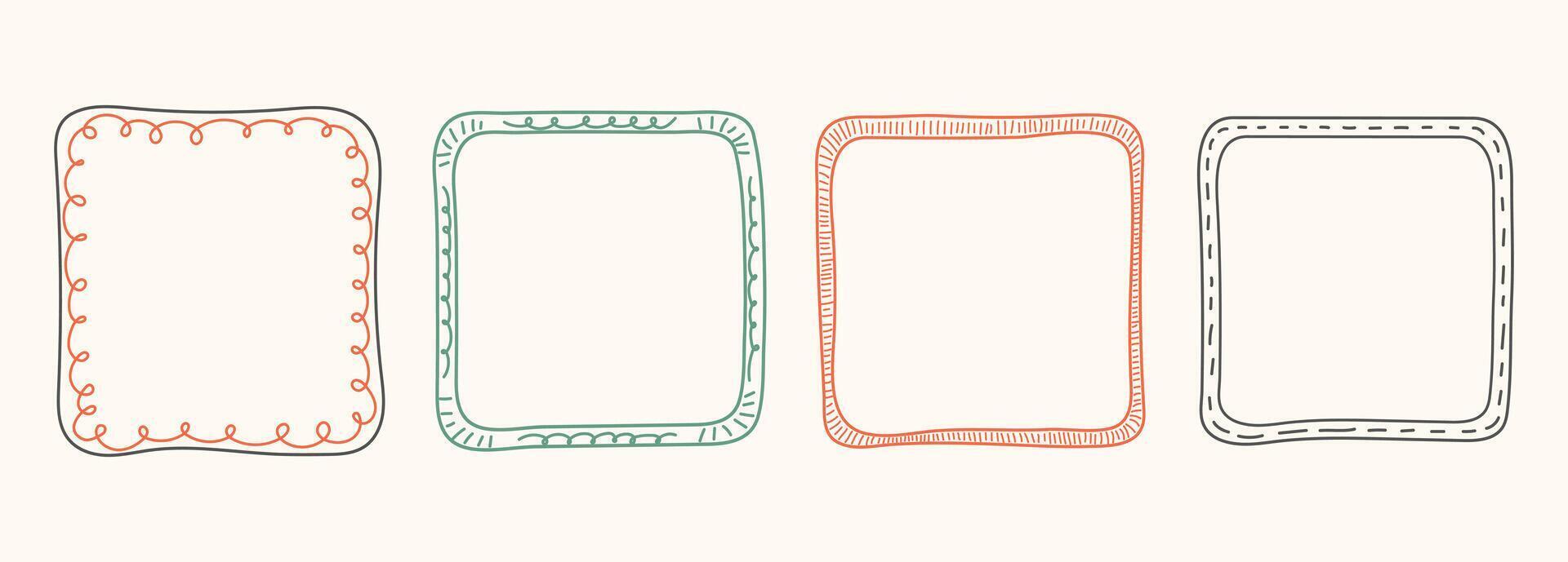 Whimsical line borders with doodle squares, ribbons. Hand Drawn frame set for birthday, wedding Invitations, christmas, menu, photo. Coquette vintage minimal elements in trendy line art style. vector