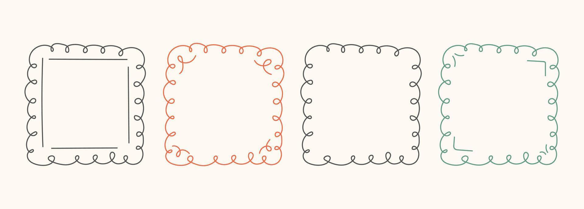 Hand Drawn frame set with doodle squares, ribbons. Whimsical line borders for birthday, wedding Invitations, christmas, menu, photo. Coquette vintage minimal elements in trendy line art style. vector
