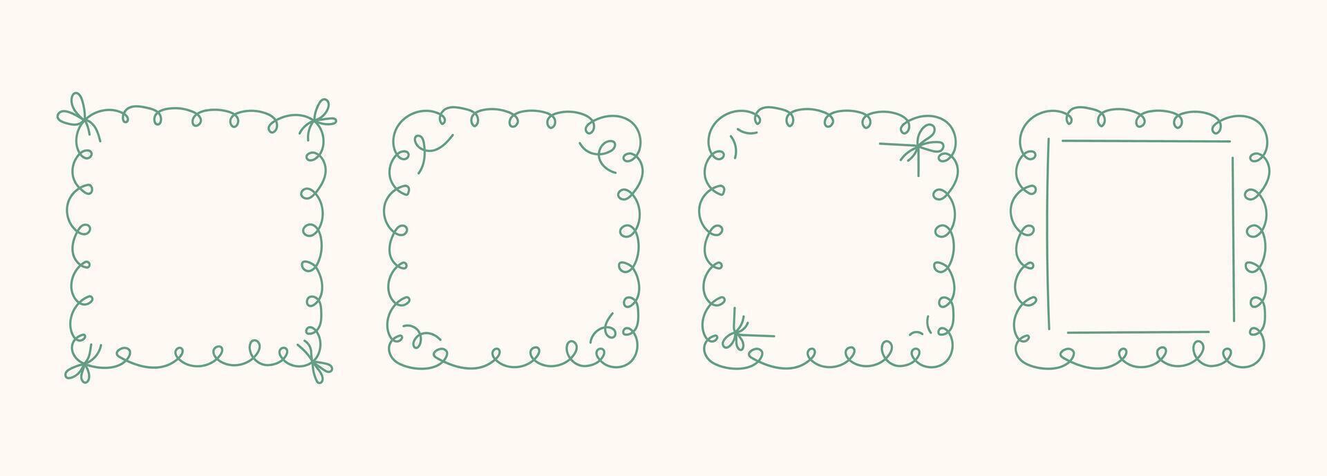 Whimsical line borders with doodle squares, ribbons. Hand Drawn frame set for birthday, wedding Invitations, menu, photo. Vintage coquette minimal elements in trendy line art style. vector
