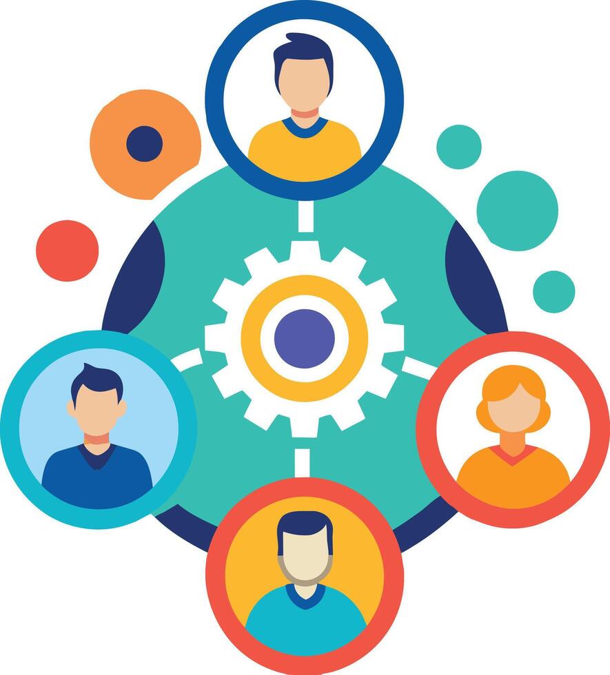 Cohesive Teamwork Symbol People and Gear Signifying Shared Goals and Collective Progress, Unity Circle vector