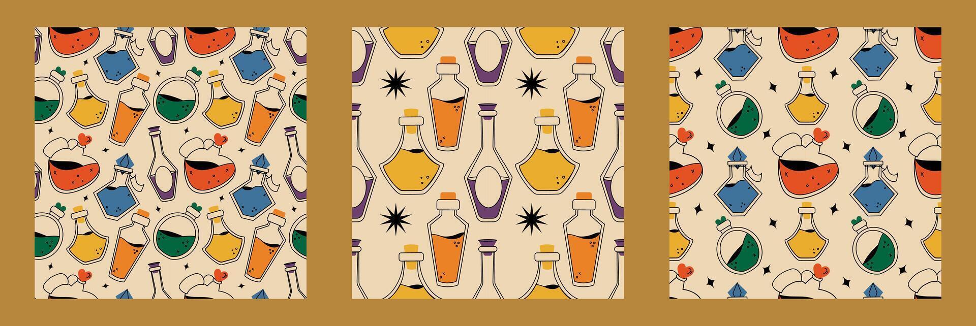 A set of seamless patterns with potions in retro style. vector