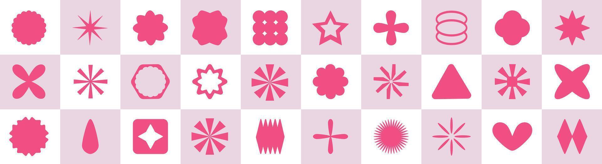 Set of futuristic y2k retro geometric shapes over checkerboard background. Postmodern brutalism groovy design elements collection vector