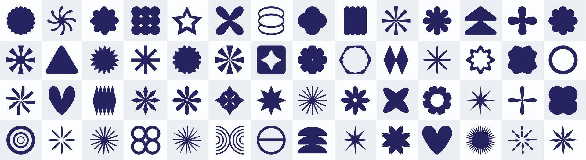 Set of futuristic y2k retro geometric shapes over checkerboard background. Postmodern brutalism groovy design element collection vector