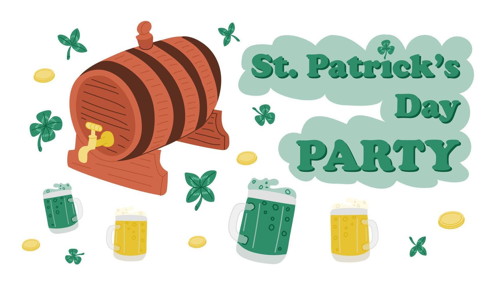 Festive St Patricks Day banner with a beer barrel, mugs of green and yellow beer, clovers, gold coins, and decorative lettering isolated on white background vector