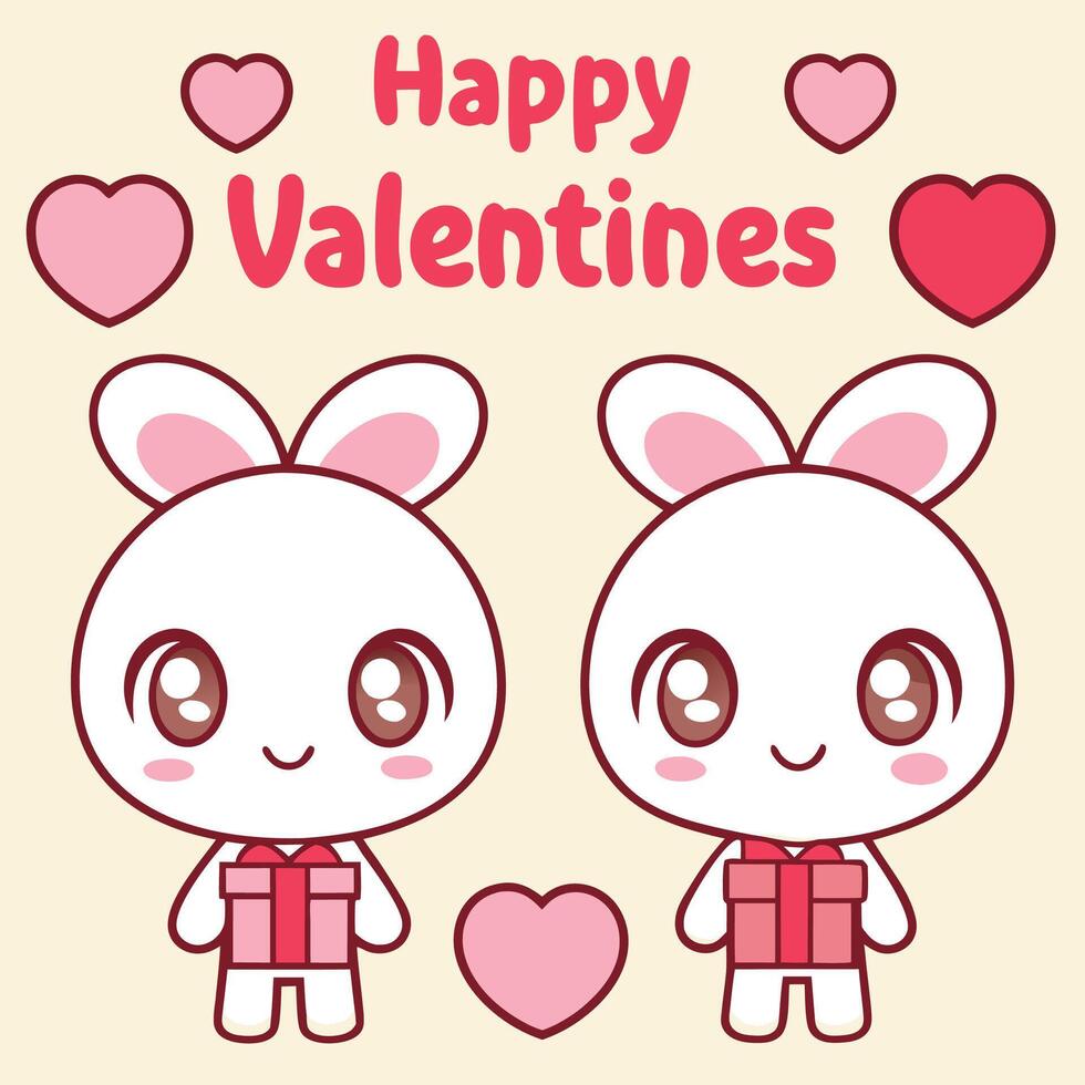 two cute rabbits with hearts and the words happy valentine's day vector