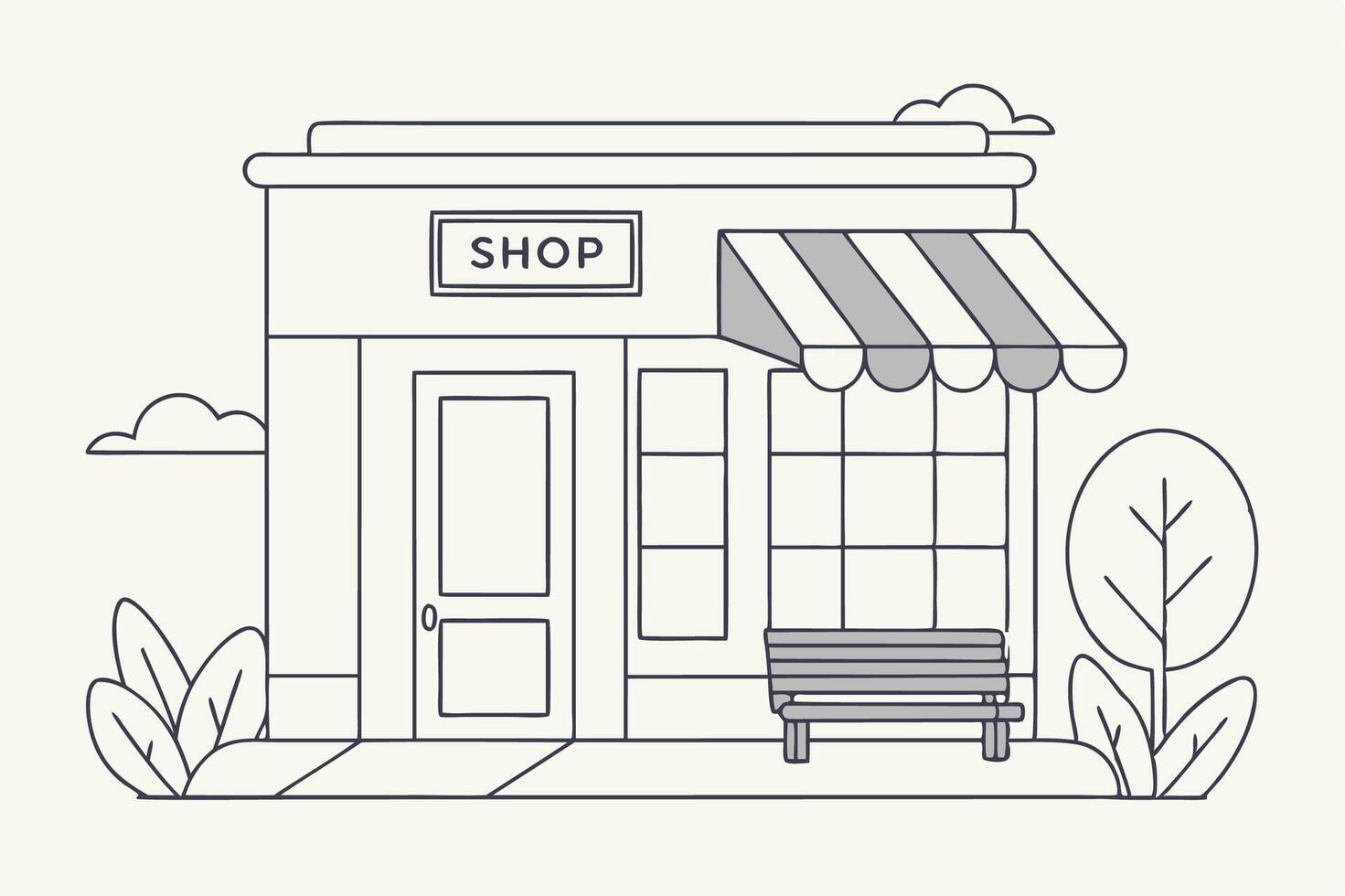a shop front with a bench and a tree vector