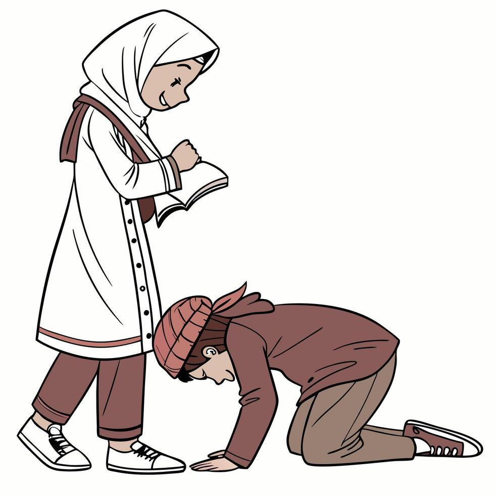 a cartoon illustration of a muslim girl kneeling down to read a book vector