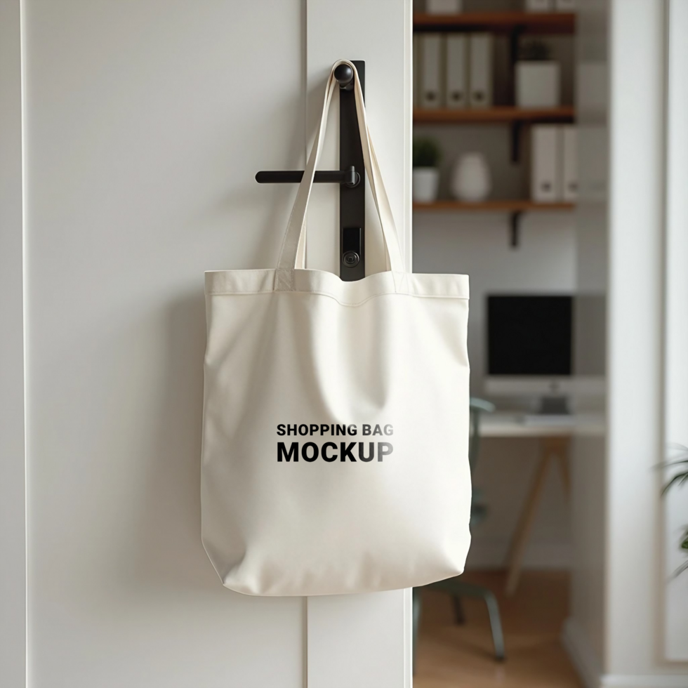 The tote bag is draped over a wooden door, ready for a mockup psd