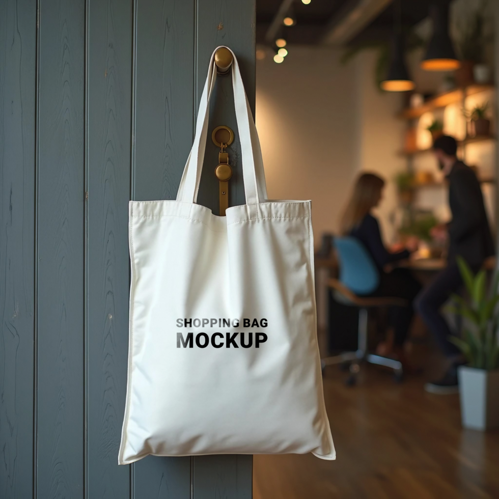 A tote bag is hanging on a wooden door for a mockup psd