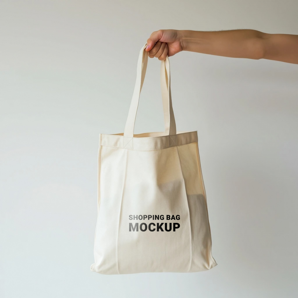 A hand is holding a tote bag, hanging it for a mockup psd