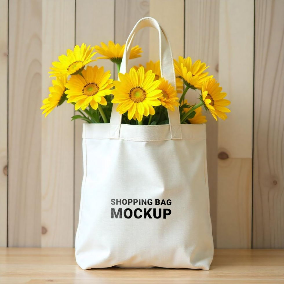 A tote bag is hanging against a wooden background for a mockup psd