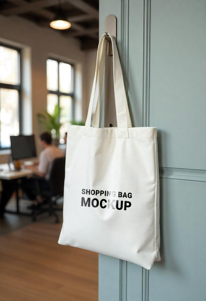 Hanging from the wooden door, the tote bag is set for a mockup presentation psd