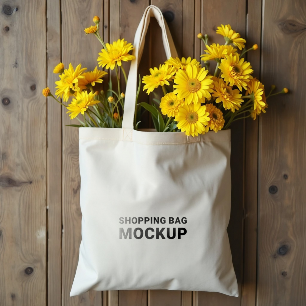 Hanging from the wooden background, the tote bag is set for a mockup display psd