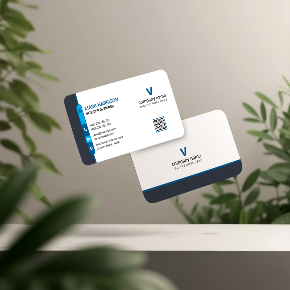 A business card mockup is floating in mid-air, creating a dynamic display psd