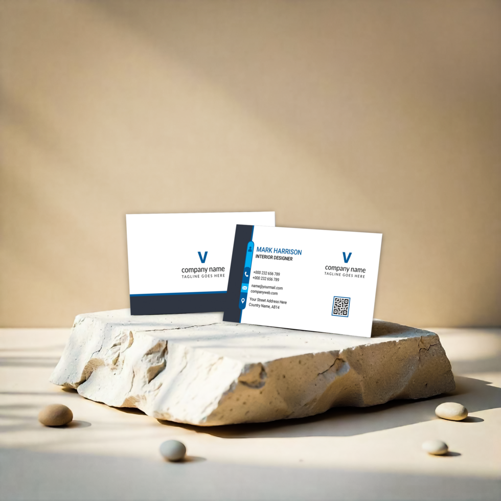 A business card mockup rests on a stone surface, perfect for a natural look psd