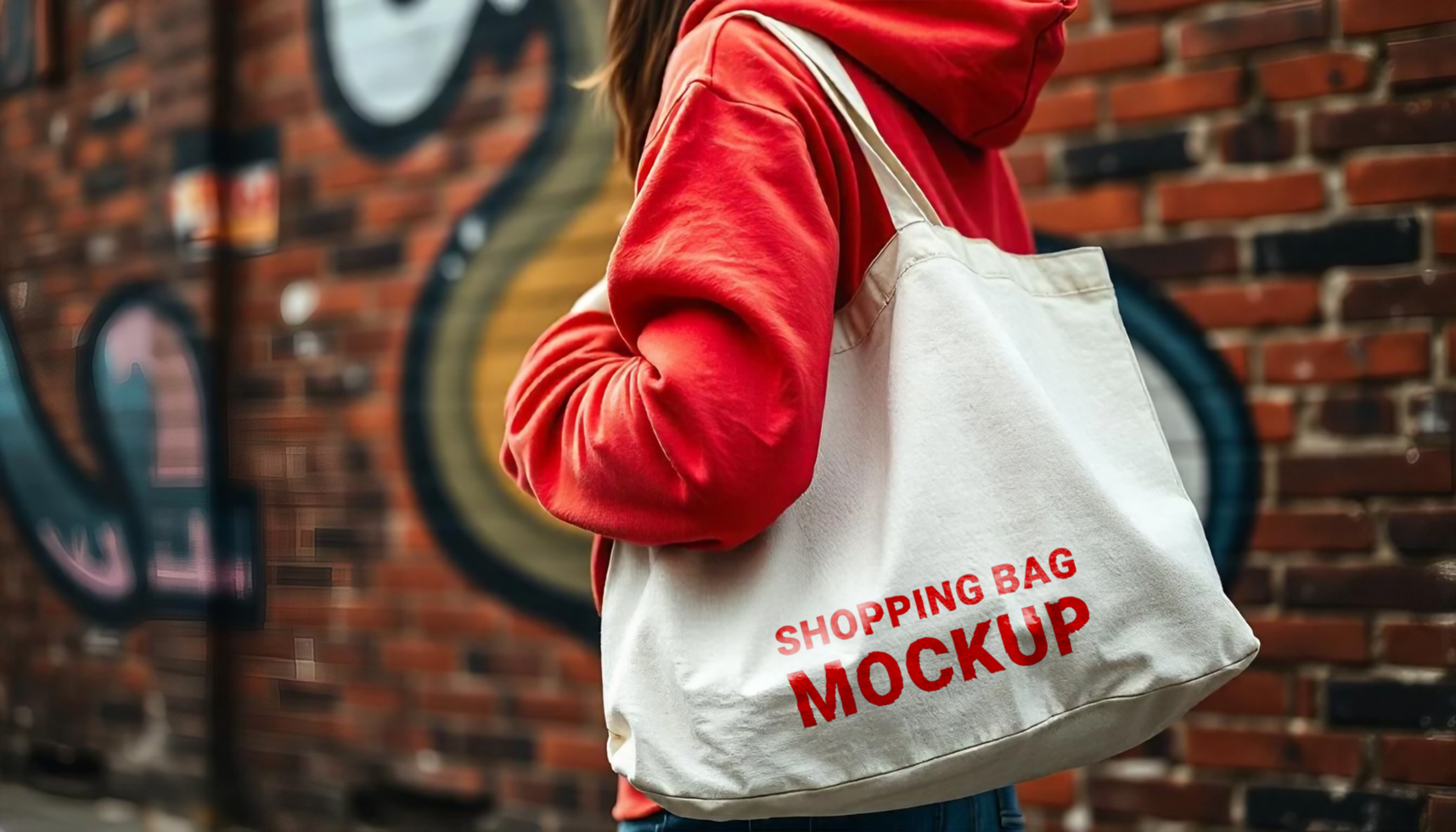 The girl is casually holding a canvas tote bag, ideal for a stylish mockup psd