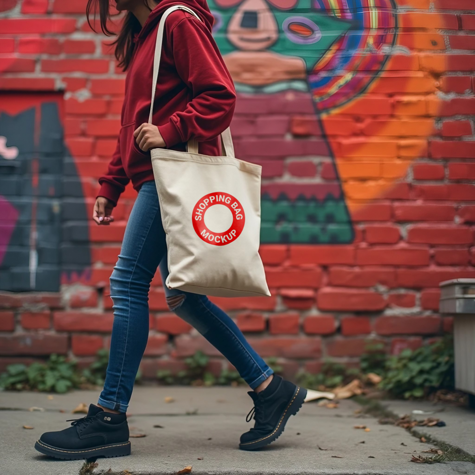 The young woman is carrying a canvas tote bag, perfect for a mockup display psd
