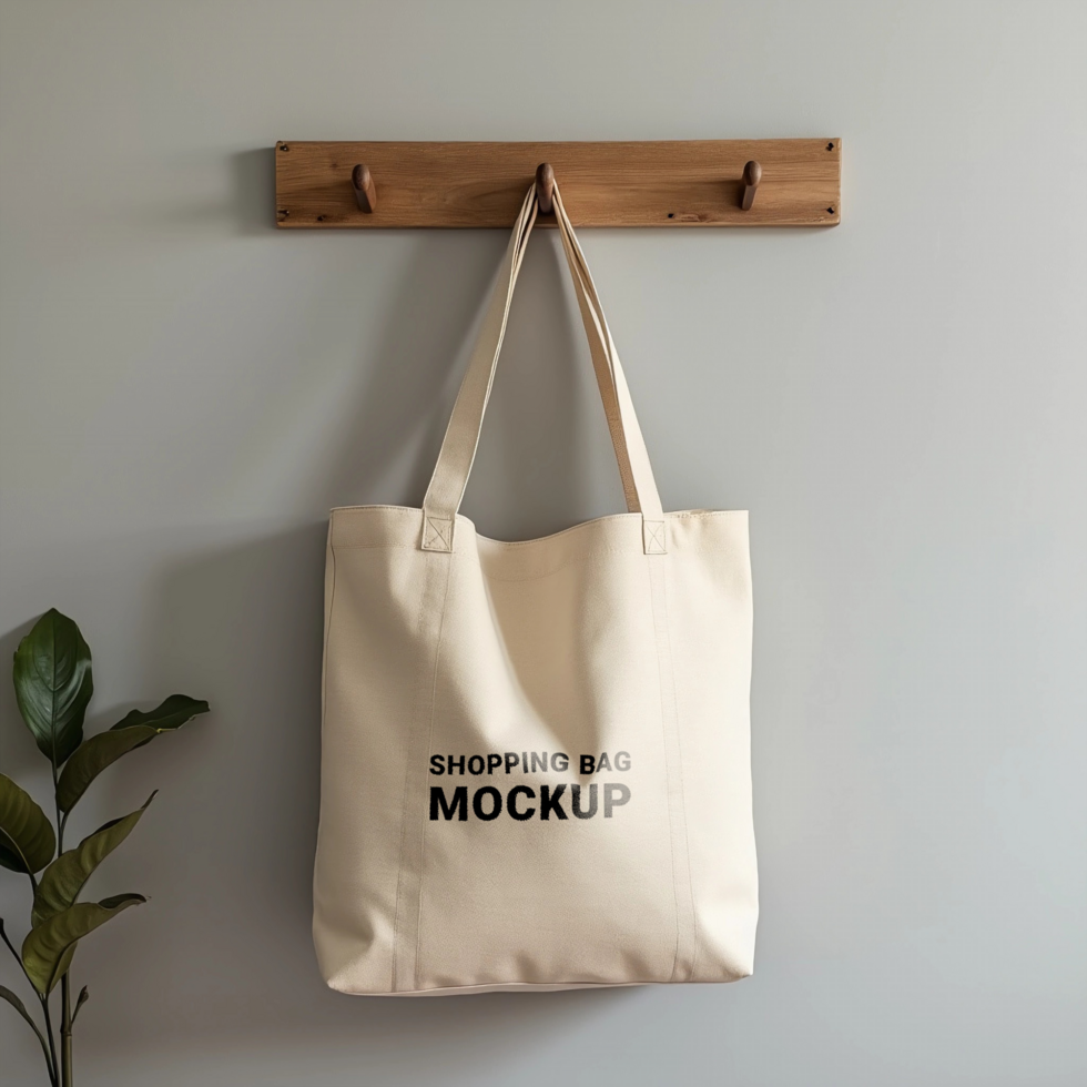 The tote bag is hanging elegantly, making it perfect for a mockup display psd