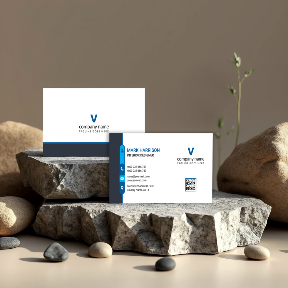 The business card mockup is elegantly displayed on a stone surface psd