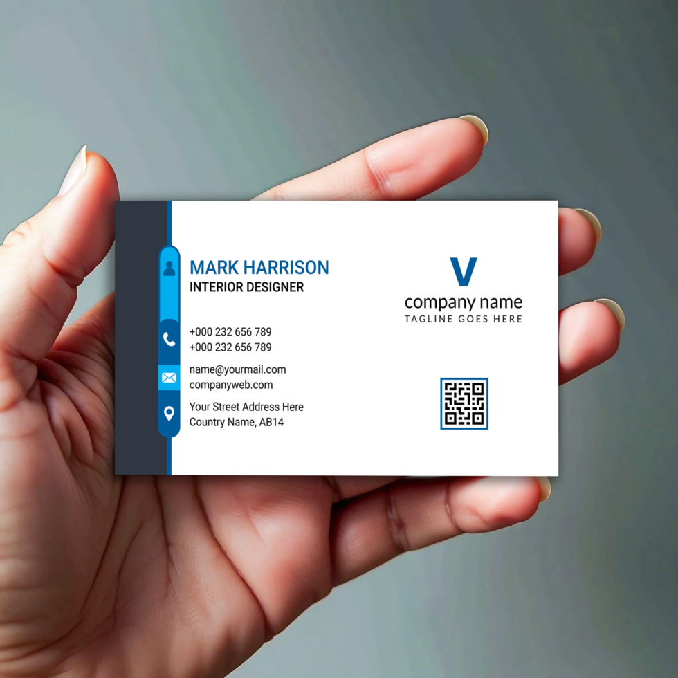 A business card mockup is showcased by a woman's hand, highlighting the design psd
