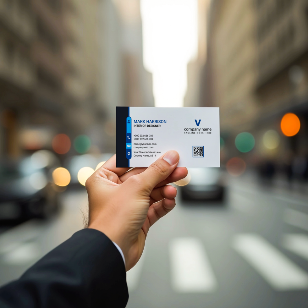 The business card mockup is presented by a man hand, ready for viewing psd