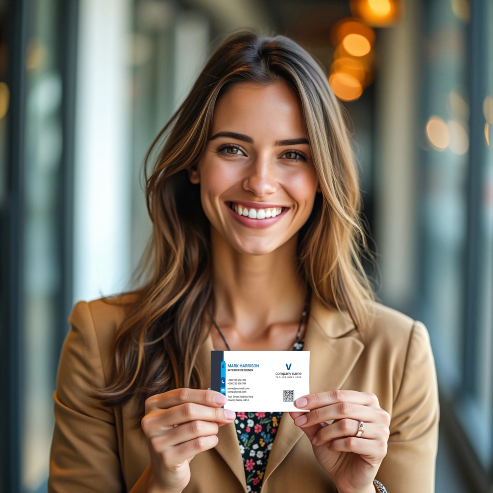 A woman is holding a business card mockup, ready for display psd