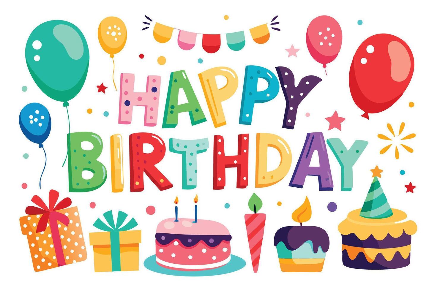 happy birthday card with colorful balloons and cake background vector